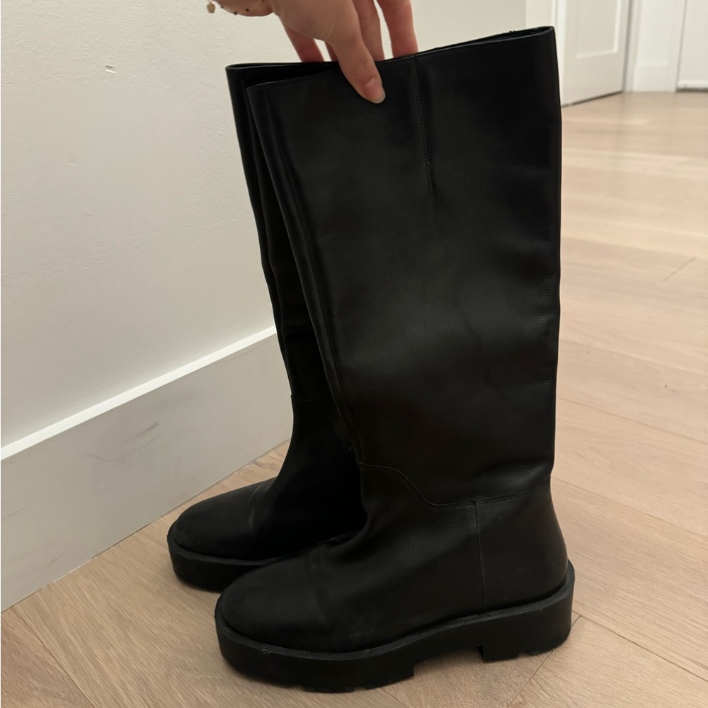 Mango black leather tall platform lug sole boots
